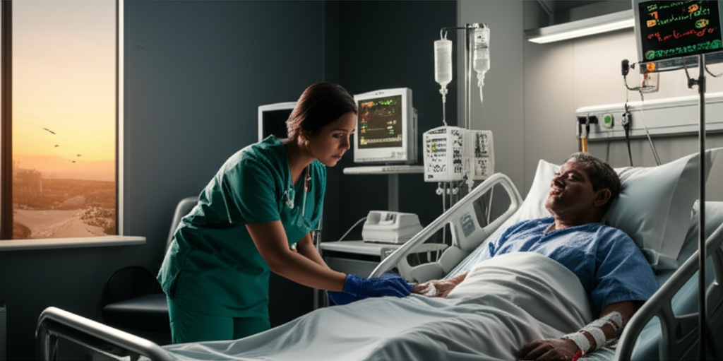 Medical professional monitoring sepsis patient in ICU